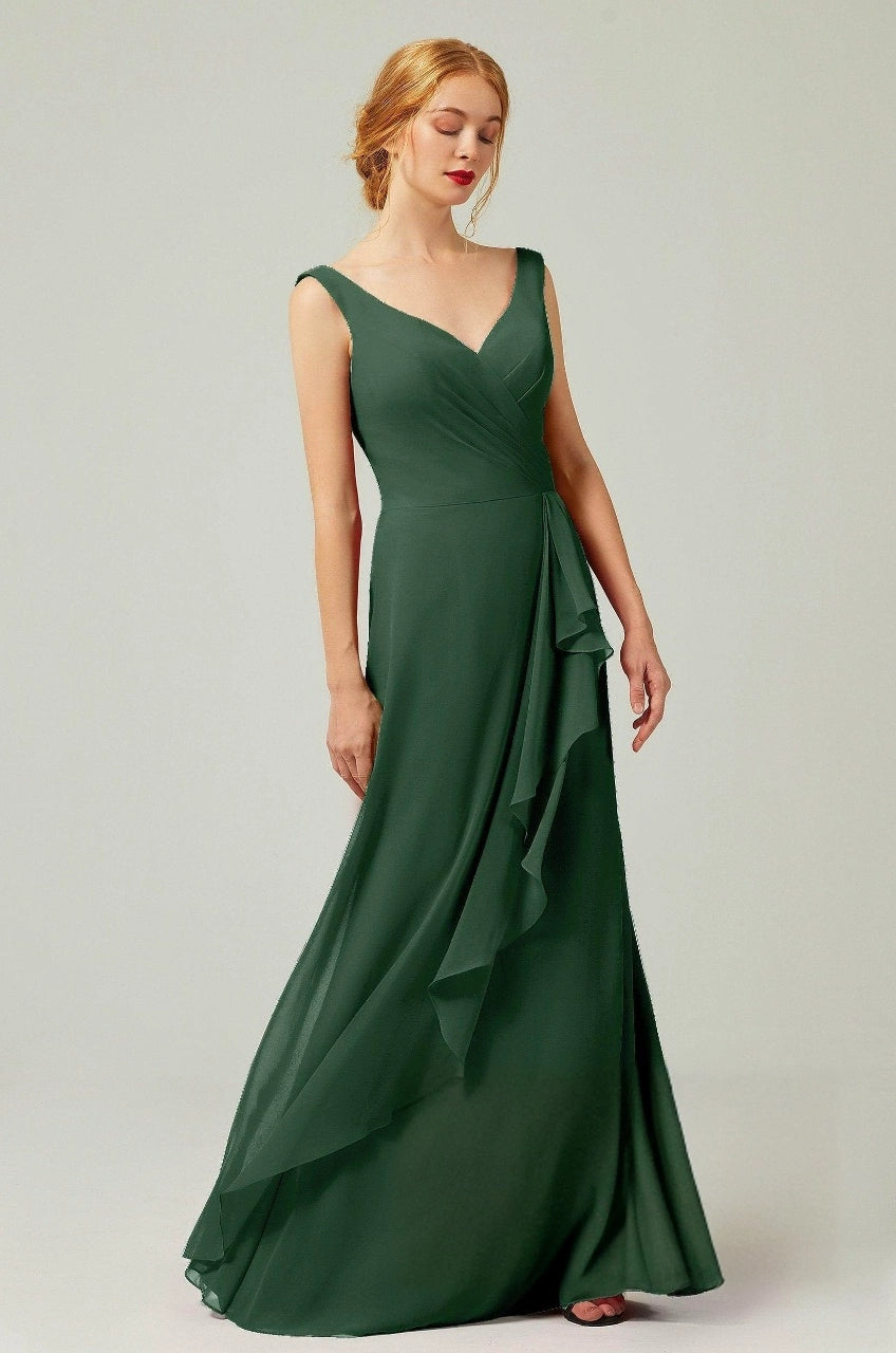 Plus Size Elegant Chiffon A-Line V-Neck Sleeveless V-Back Floor-Length Bridesmaid Dress