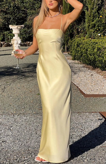 Roselle Dress pale yellow formal gown criss cross tie open back rear view wedding guest maxi dress