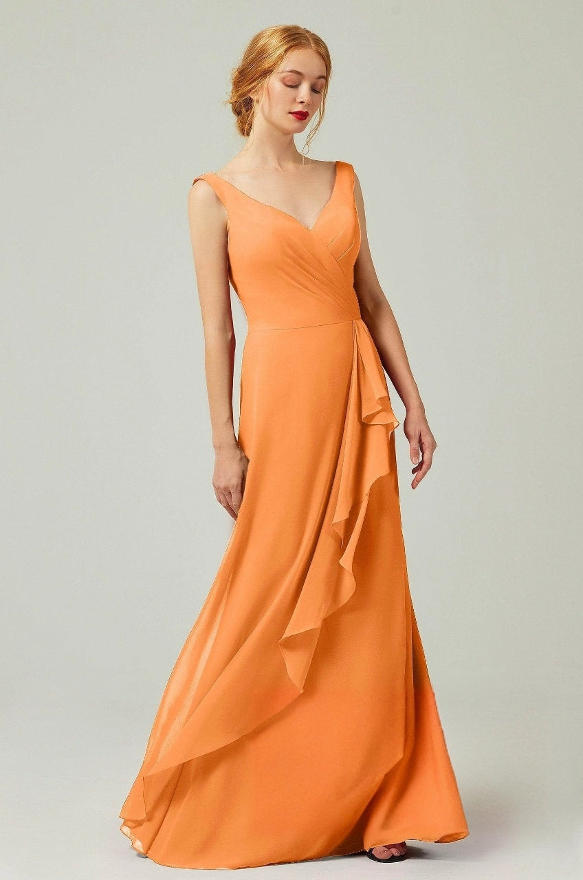 Plus Size Elegant Chiffon A-Line V-Neck Sleeveless V-Back Floor-Length Bridesmaid Dress