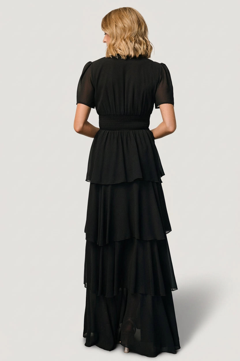 Tiered A-line V-Neck Short Sleeve Smocked-Back Maxi Mother Of Bride Dress