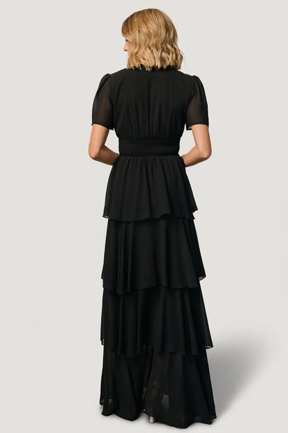 Tiered A-line V-Neck Short Sleeve Smocked-Back Maxi Mother Of Bride Dress