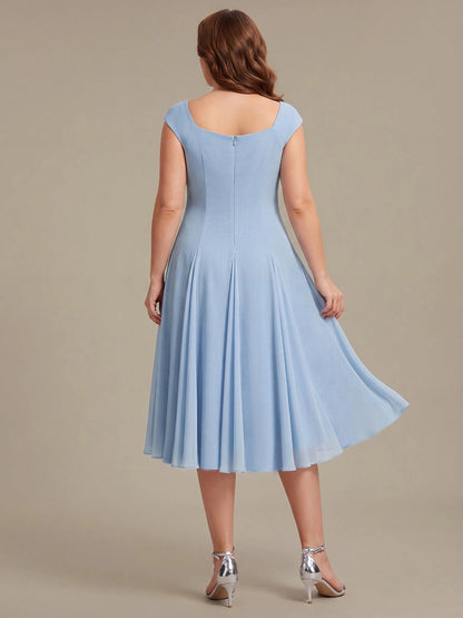 Roselledress Black White Color Block A-Line Square Cap Sleeve Zip Back Midi Plus Size Weeding Guest Dress