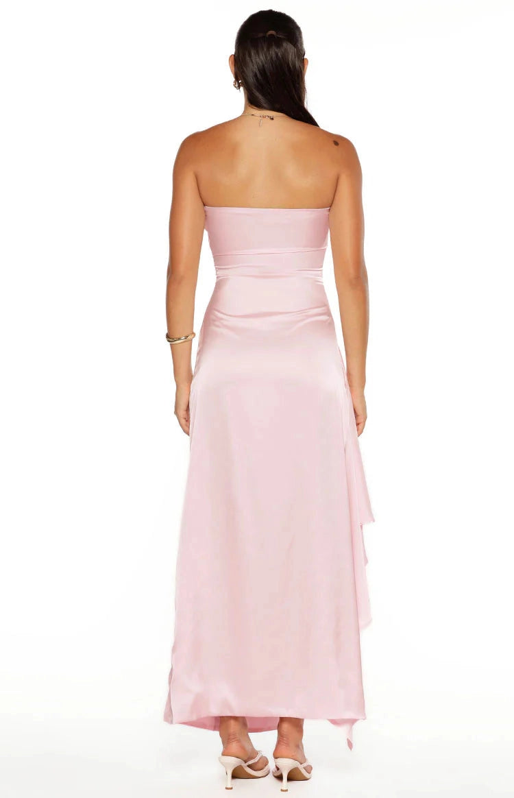 RoselleDress light pink fitted satin strapless open back long wedding guest evening gown