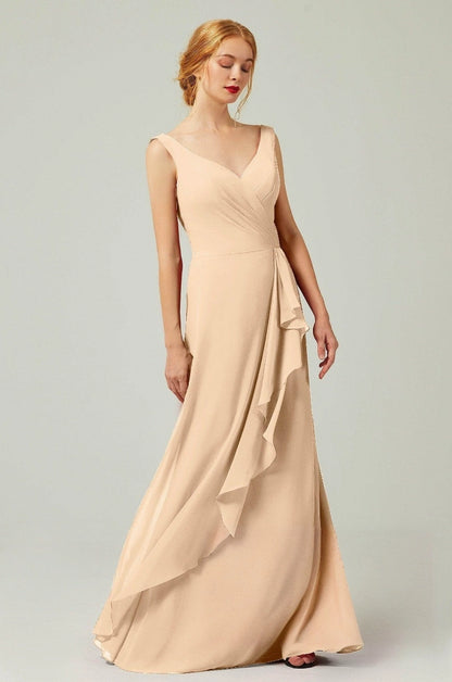 Plus Size Elegant Chiffon A-Line V-Neck Sleeveless V-Back Floor-Length Bridesmaid Dress