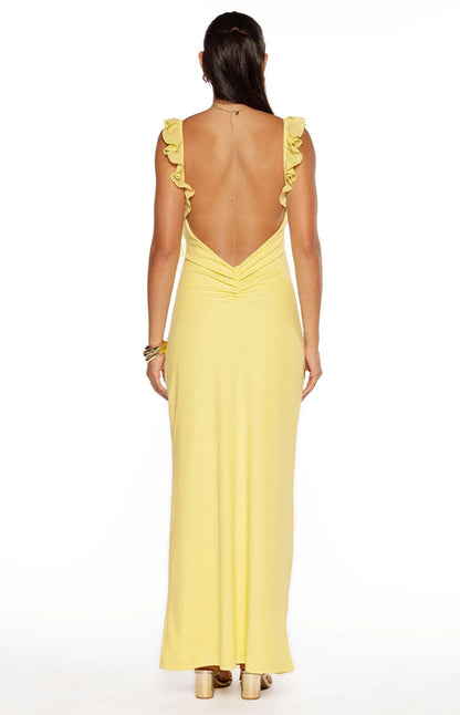 RoselleDress ruched v open back yellow stretch knit maxi gown back view