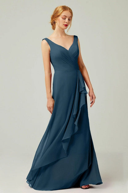 Plus Size Elegant Chiffon A-Line V-Neck Sleeveless V-Back Floor-Length Bridesmaid Dress