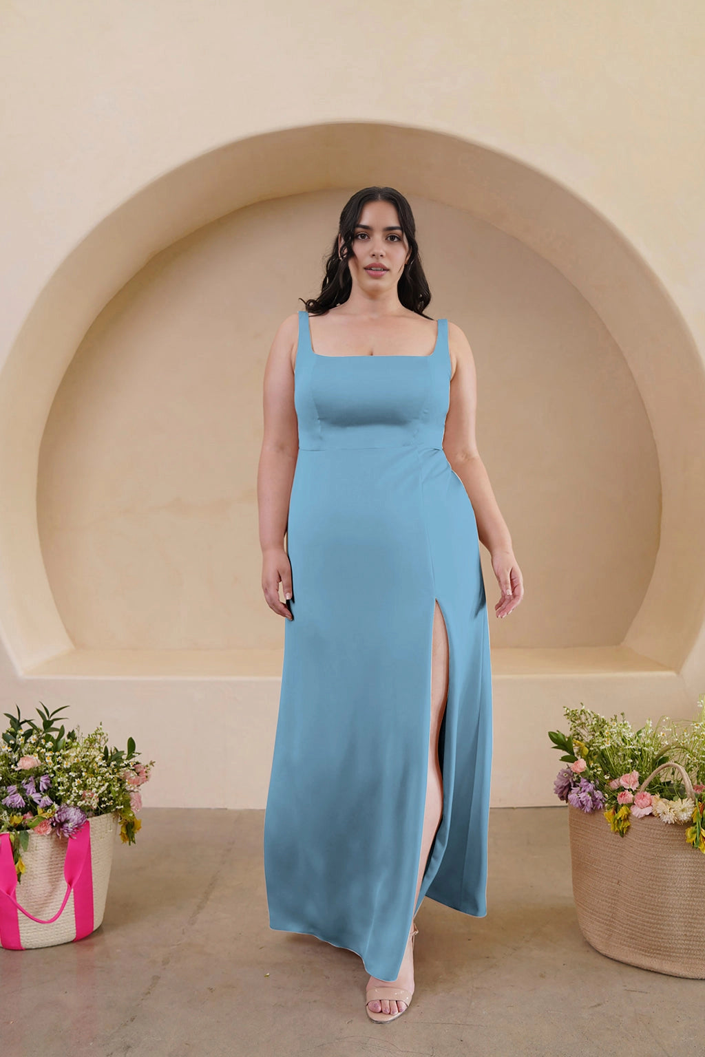Elegant Sheath Square Neck Sleeveless Scoop Back Floor Length Bridesmaid Dress