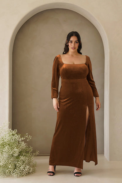 Elegant Sheath Square Neck Long Sleeve Scoop Back Plus Size Evening Dress