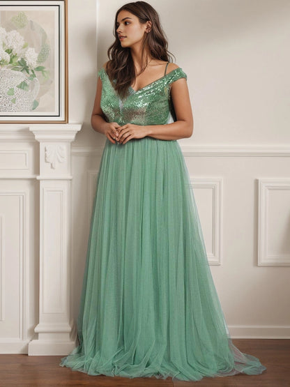 Glamorous A‑Line Off‑The‑Shoulder Cap‑Sleeve V‑Back Floor‑Length Plus Size Prom Dress