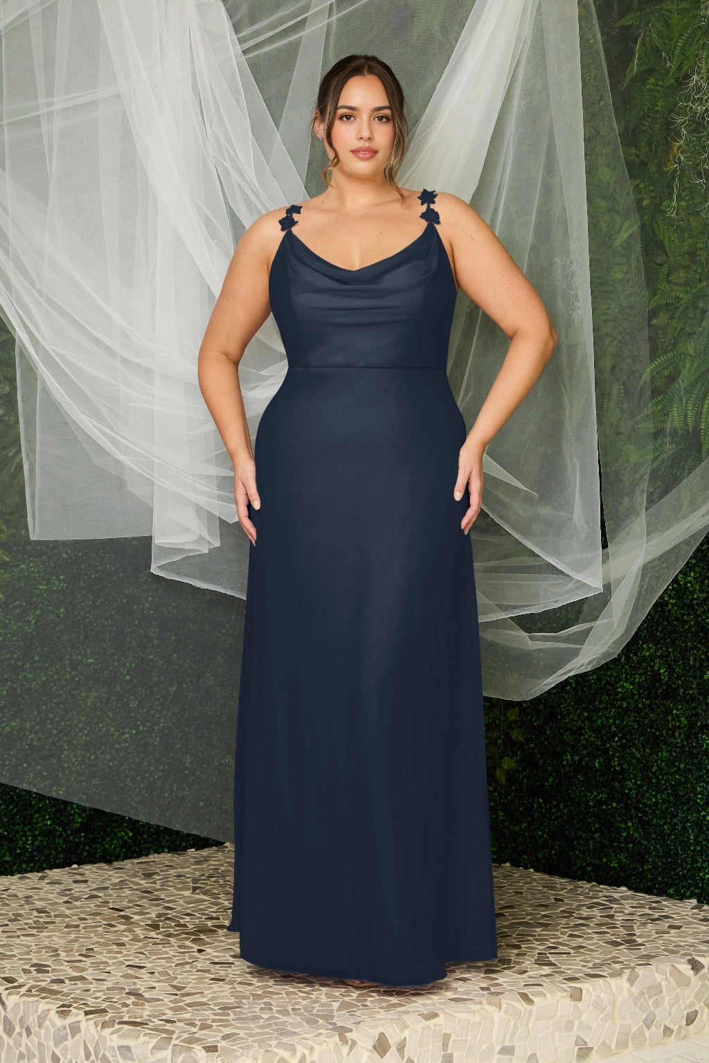 Elegant Plus Size A-Line Cowl Neck Floral Strap V-Back Maxi Bridesmaid Dress