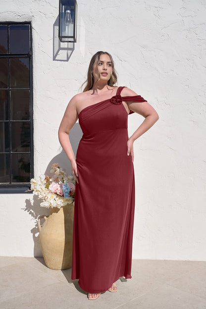 Elegant Sheath One Shoulder Floral Detail Zipper Back Plus Size Maxi Bridesmaid Dress