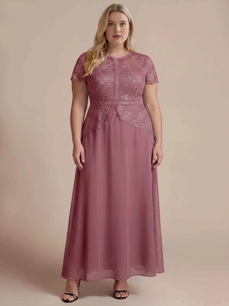 Plus Size Lace Bodice Short Sleeve Round Neck Long Mother of Bride Dress