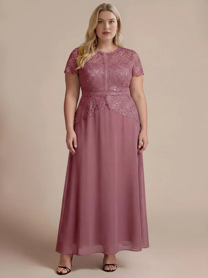 Plus Size Lace Bodice Short Sleeve Round Neck Long Mother of Bride Dress