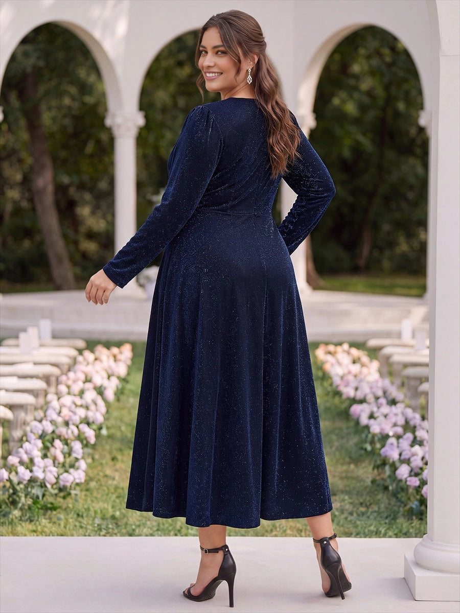 Roselledress Olive‑Green Plus‑Size Long‑Sleeve Twist‑Waist A‑Line Midi Mother of the Bride Dress