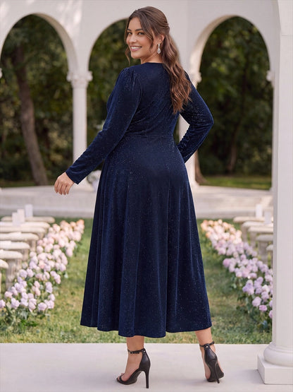 Roselledress Olive‑Green Plus‑Size Long‑Sleeve Twist‑Waist A‑Line Midi Mother of the Bride Dress