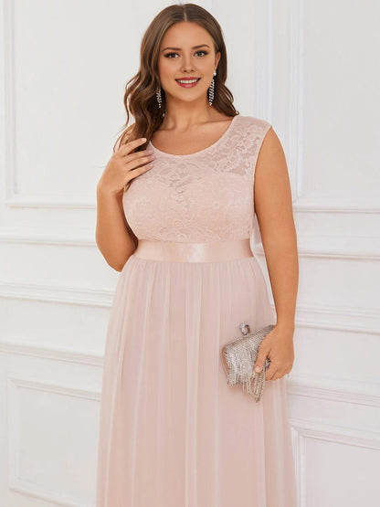 Romantic A-Line Round Cap Sleeve V-Back Sash Waist Floor-Length Plus Size Bridesmaid Dress