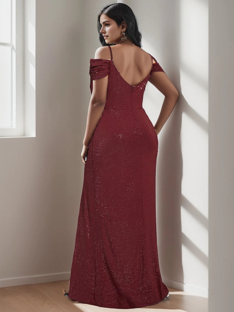 Glamorous Sheath V‑Neck Cold‑Shoulder V‑Back Floor‑Length Plus Size Wedding Guest Dress