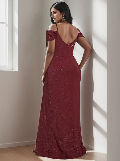 Glamorous Sheath V‑Neck Cold‑Shoulder V‑Back Floor‑Length Plus Size Wedding Guest Dress