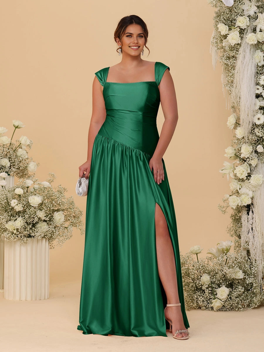 Stunning Champagne A‑Line Convertible‑Neck Ruched Zip‑Back High‑Slit Floor‑Length Bridesmaid Dress