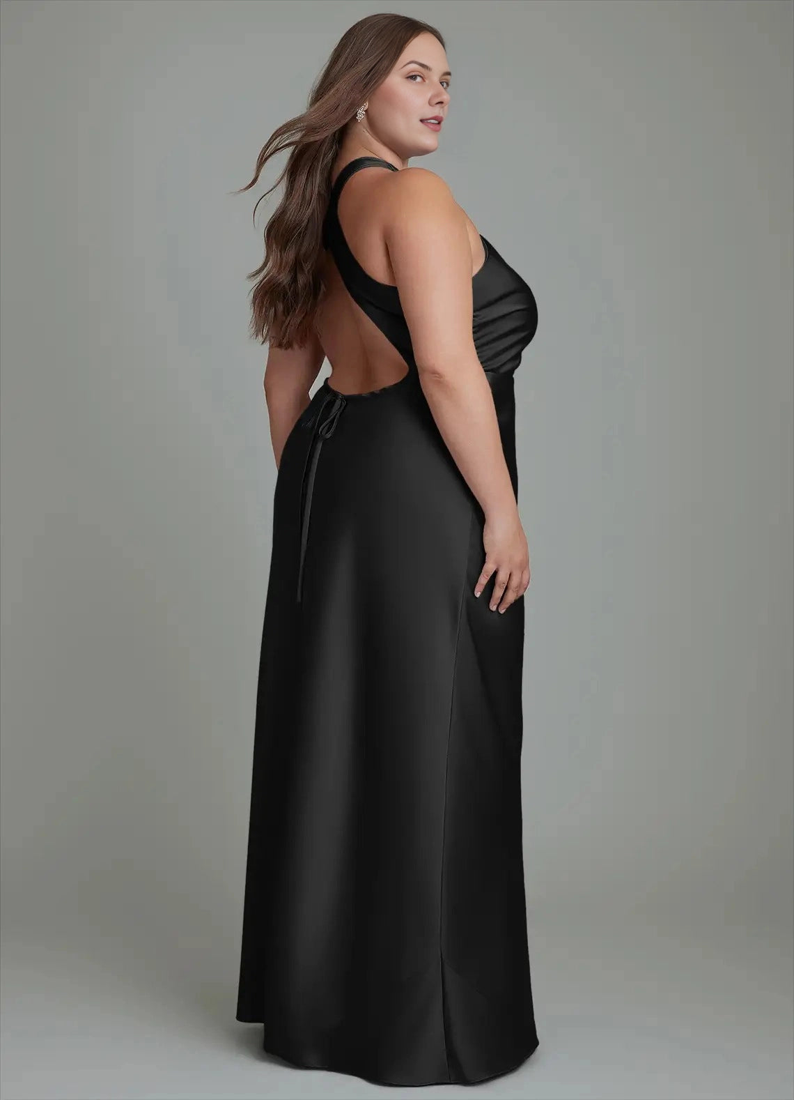 Chocolat Plus Sizee Satin Mermaid Halter Sleeveless Open Back Maxi Bridesmaid Dress