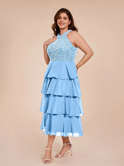 elegant a‑line halter sleeveless tie‑back midi plus size wedding guest dress