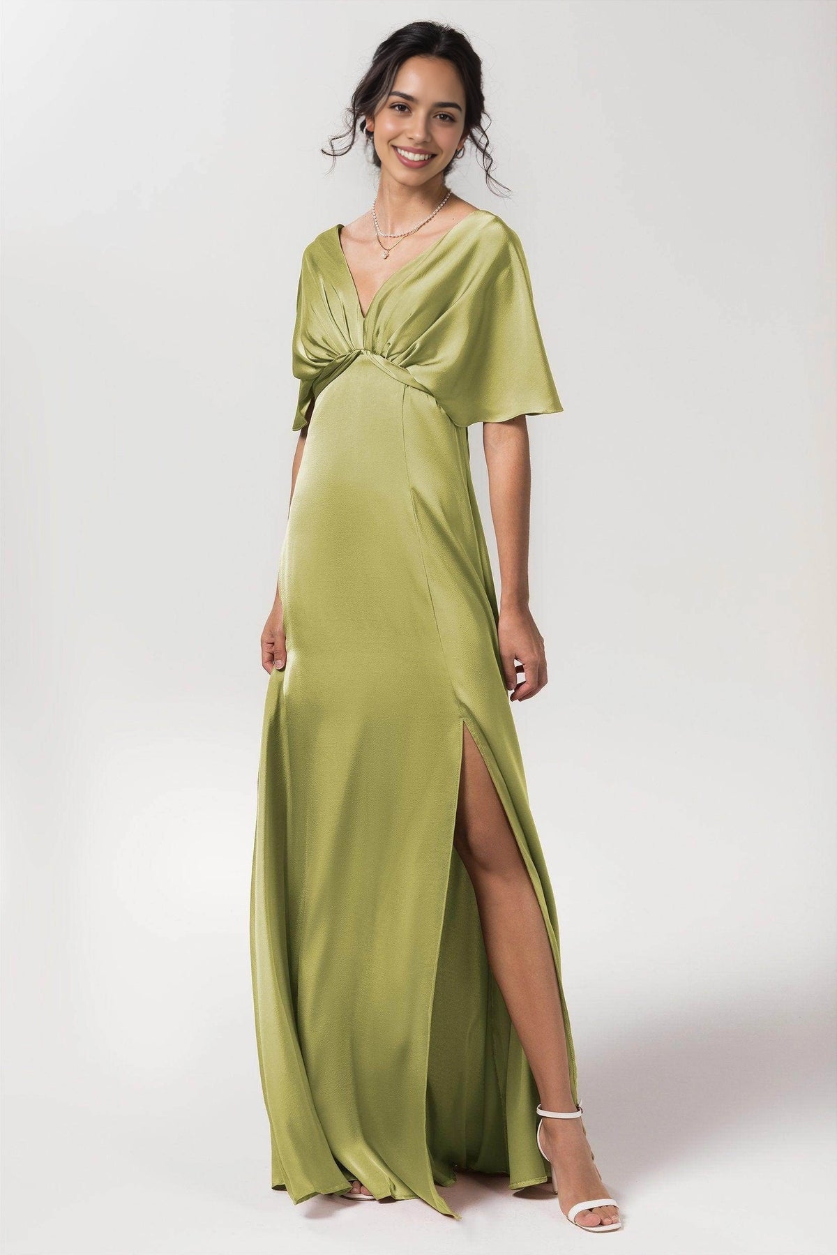 Elegant Plus Size Sheath V Neck Flutter Sleeve Bow Back Long Bridesmaid Dress