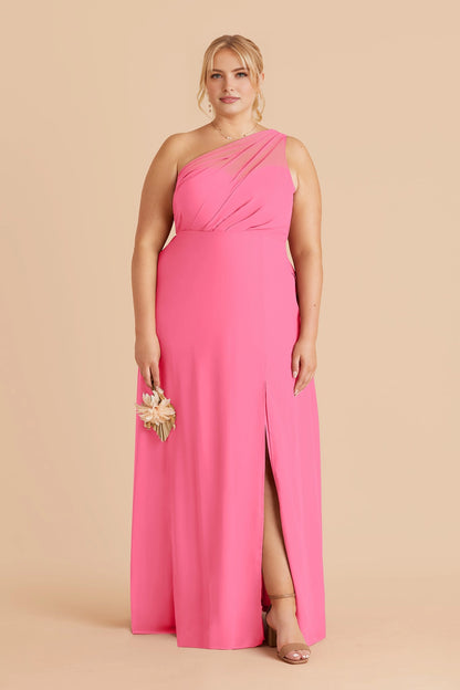 Flowy Chiffon A‑Line One‑Shoulder Sleeveless Mesh Back Slit Maxi Plus Size Bridesmaid Dress