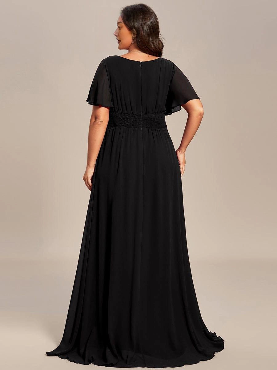 A-Line Round Neck Flutter Sleeve Back Zipper Floor Length Plus Size Floral Chiffon Wedding Guest Dress