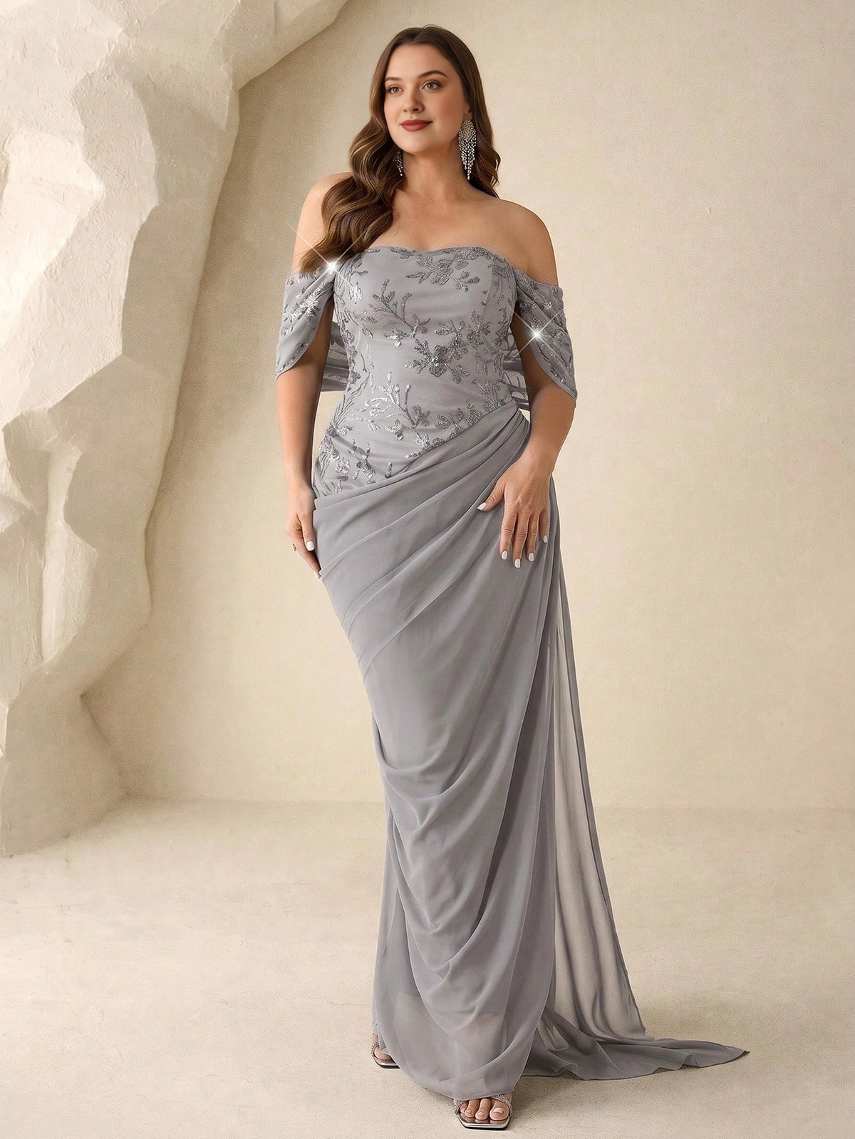 Elegant Plus Size Sheath Off-the-Shoulder Zip Back Long Chiffon Evening Dress