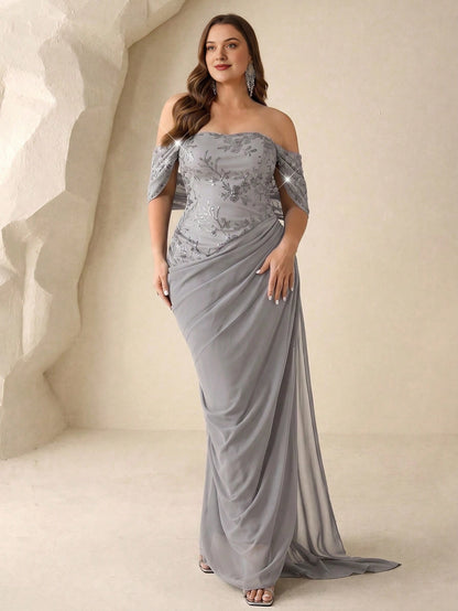 Elegant Plus Size Sheath Off-the-Shoulder Zip Back Long Chiffon Evening Dress