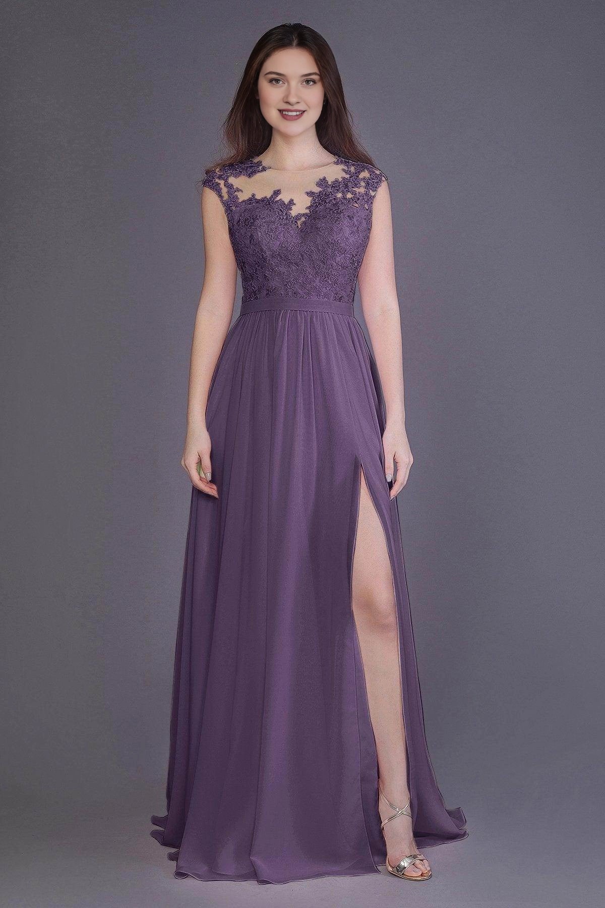 Plus Size Romantic Lace Chiffon A-Line Illusion-Neck Sleeveless Illusion-Back Floor-Length Bridesmaid Dress