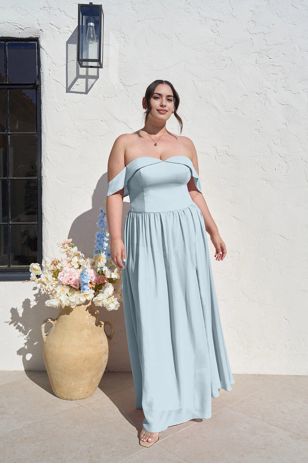 Romantic A-Line Sweetheart Off Shoulder Zipper Back Long Plus Size Bridesmaid Dress