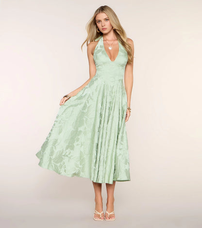 roselledress sage green floral jacquard halter midi dress deep v a line tea party gown