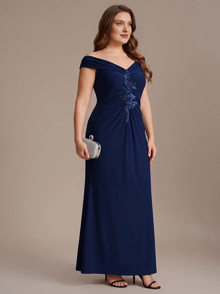 Plus Size Off-the-Shoulder V-Neck Sequin Lace Ruched Long Mother of Bride Dress