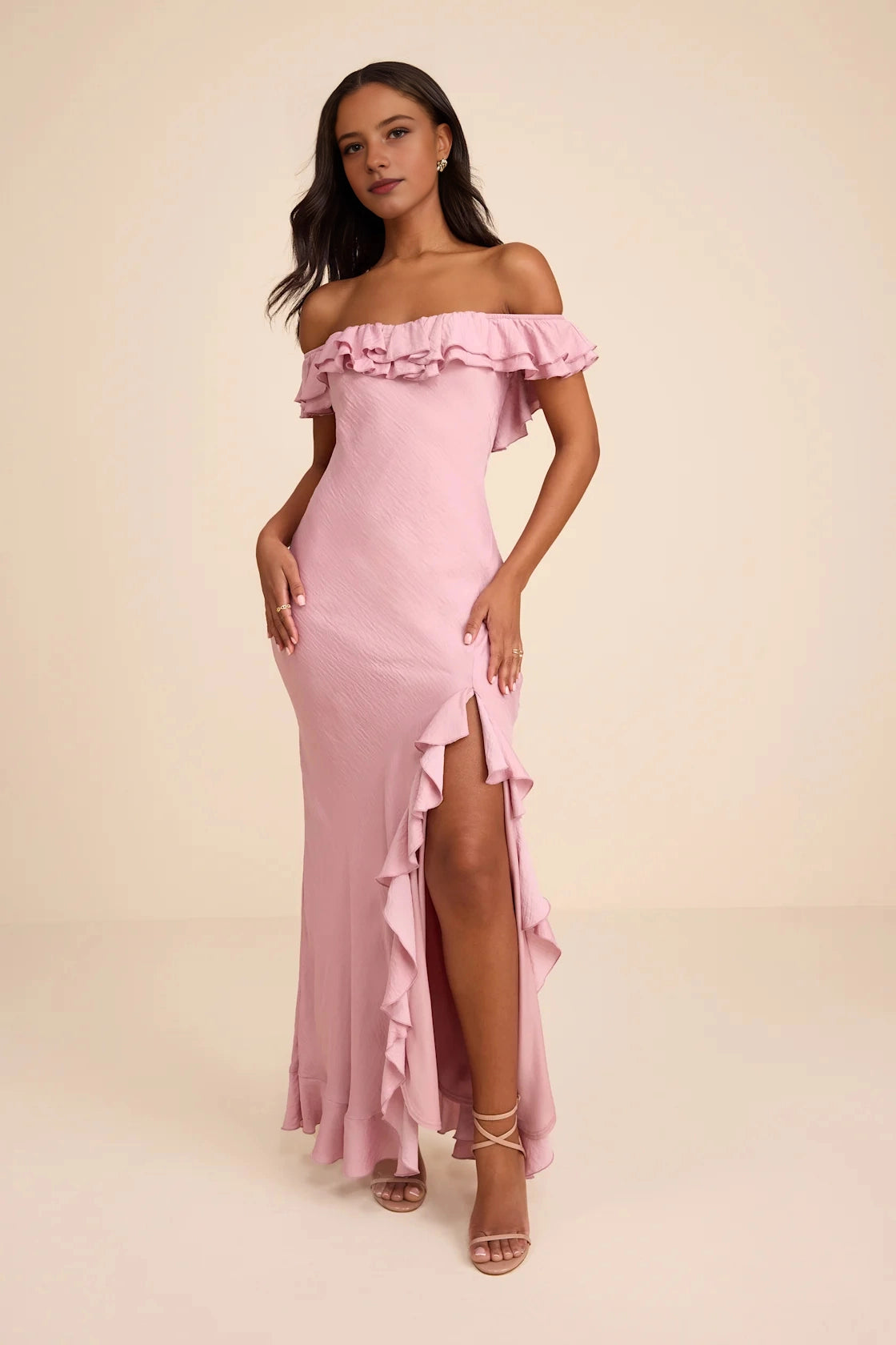 Flow Mermaid Off-Shoulder Plain Back Ruffled Long Prom Dress
