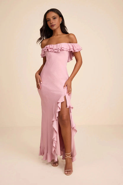 Flow Mermaid Off-Shoulder Plain Back Ruffled Long Prom Dress