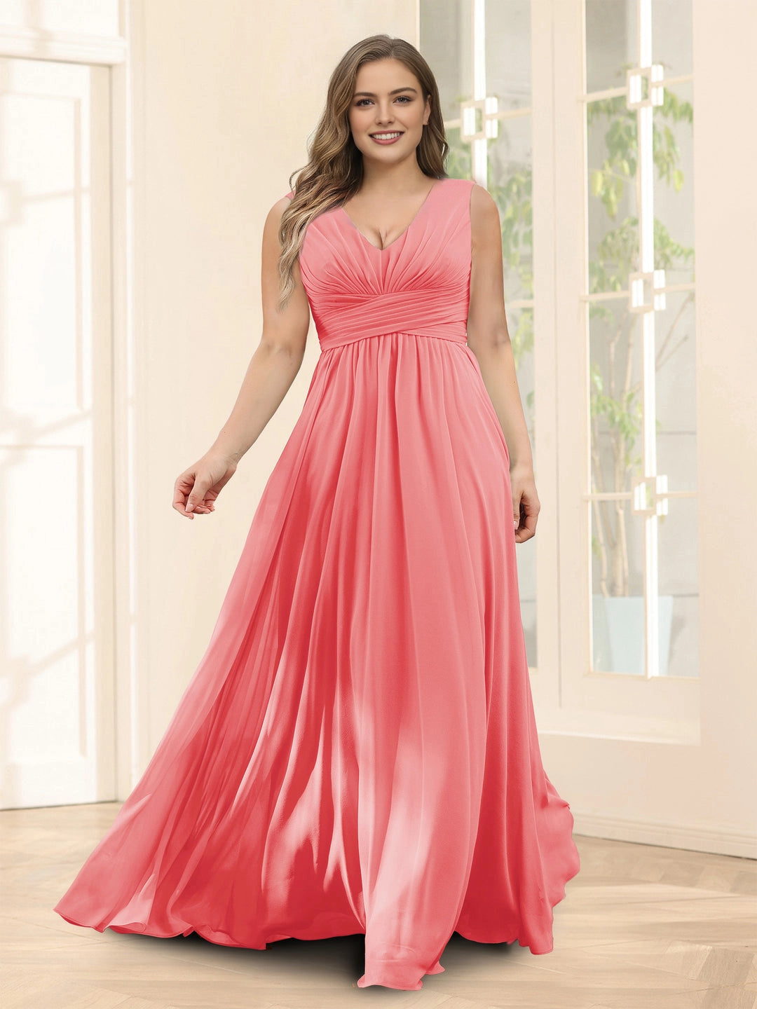 Plus‑Size Sleeveless V‑Neck Empire Waist Chiffon A‑Line Floor‑Length Wedding Guest Dress