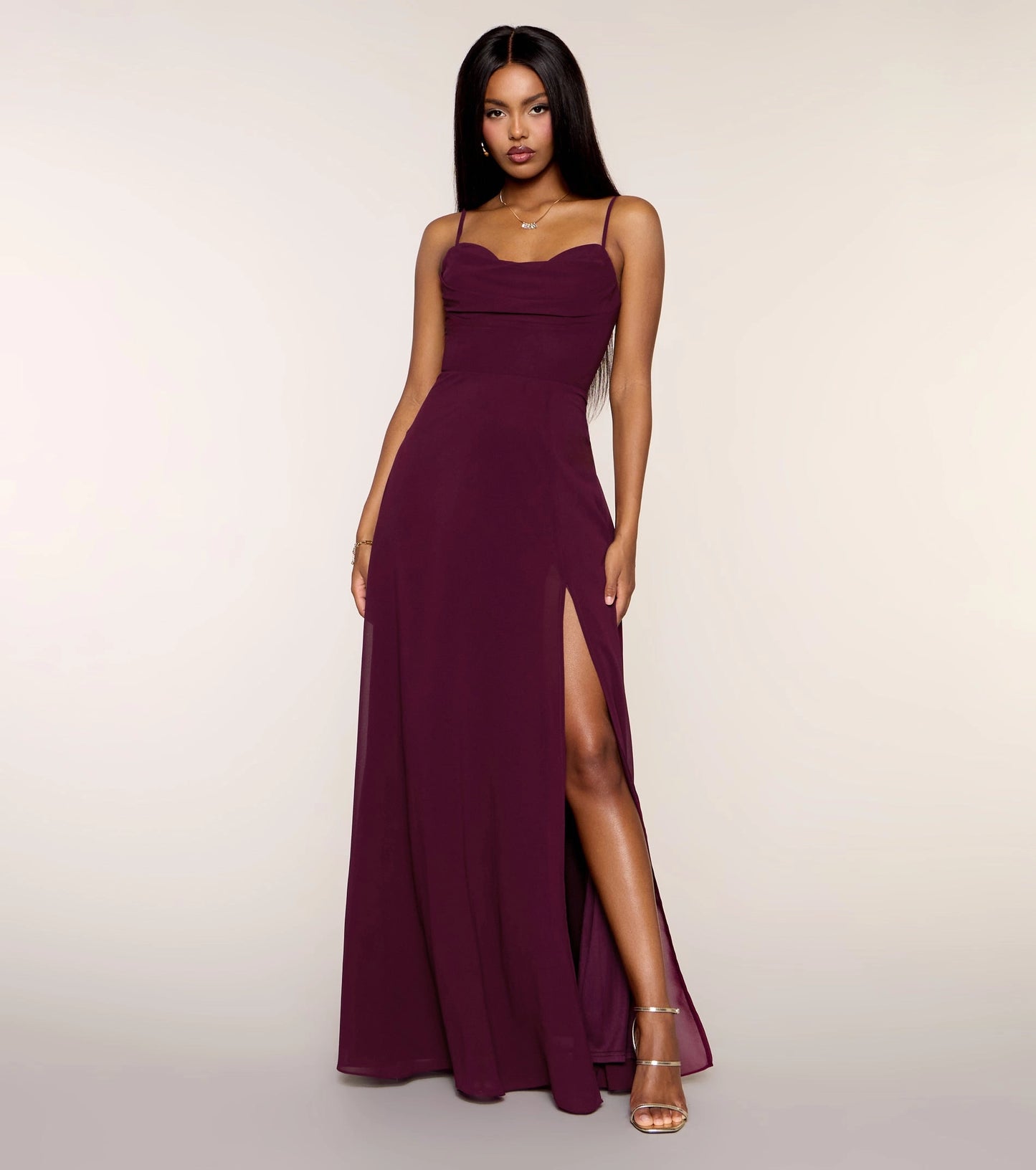 Plum Chiffon A-Line Cowl Sleeveless Lace Up Streamer Back Maxi  Prom Dress