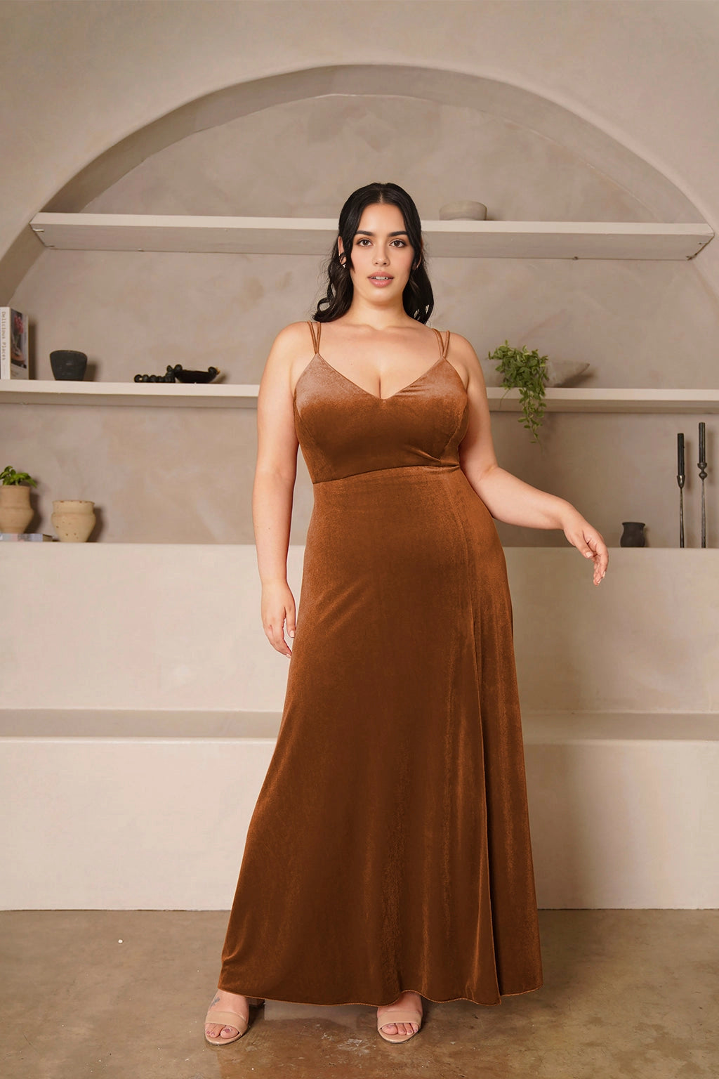 Elegant A-Line V-Neck Double Strap Zipper Back Long Plus Size Evening Dress