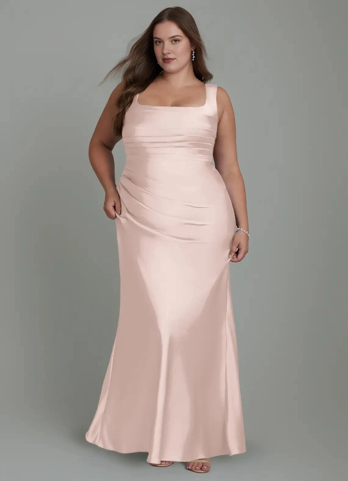 Elegant Mermaid Square-Neck Sleeveless Lace-Up-Back Floor-Length Plus Size Bridesmaid Dress