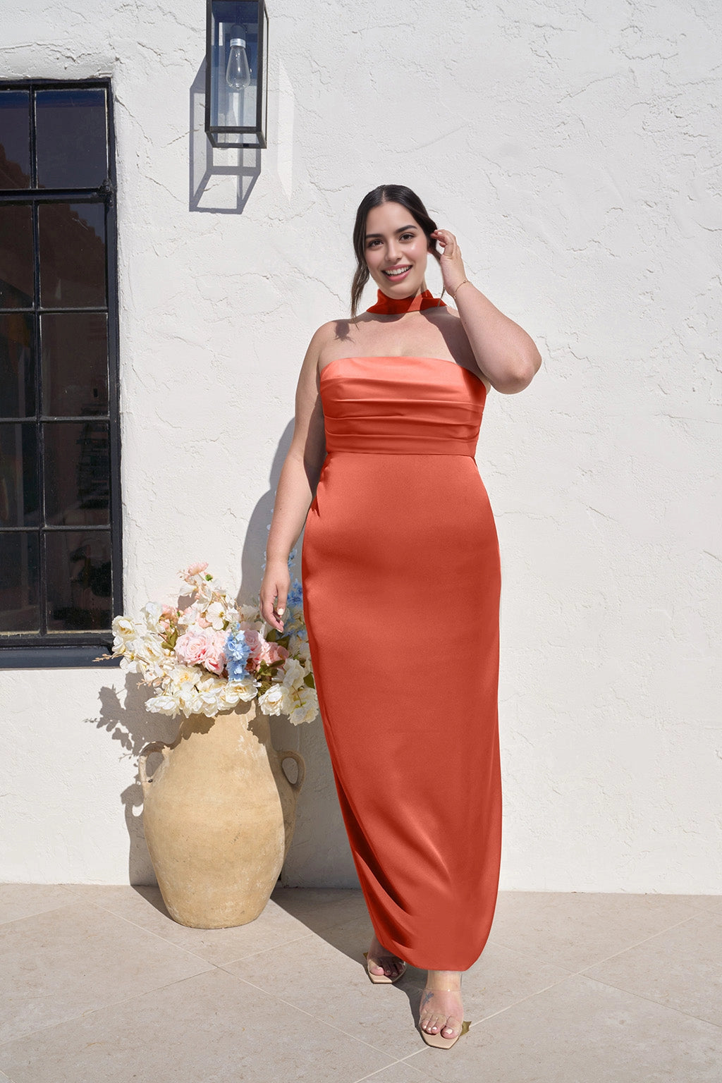 Elegant Sheath Straight Neck Strapless Zipper Back Long Plus Size Bridesmaid Dress
