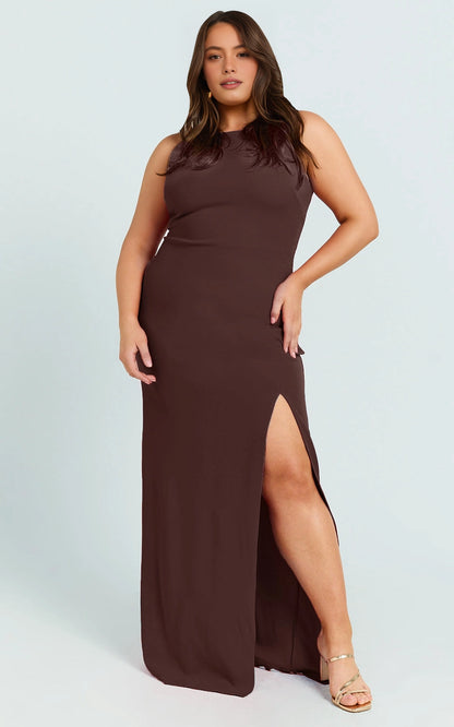 Scoop Back Sleeveless High Slit Bodycon Plus Size Wedding Guest Dress