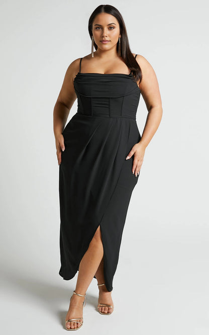 Glamorous A‑Line Cowl Neck Spaghetti Strap Open Back Slit Maxi Length Plus Size Prom Dress