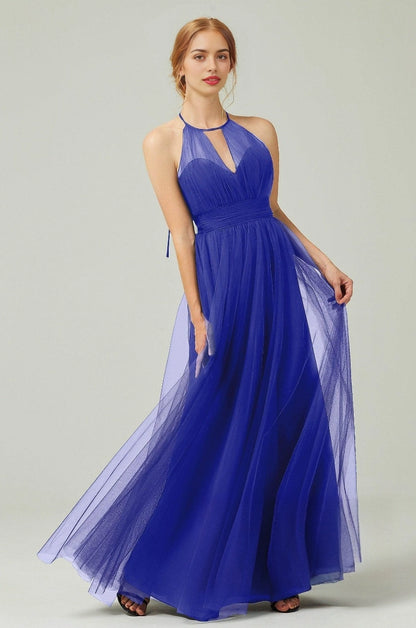 Plus Size Elegant Tulle A-Line Halter Sleeveless Open-Back Floor-Length Bridesmaid Dress