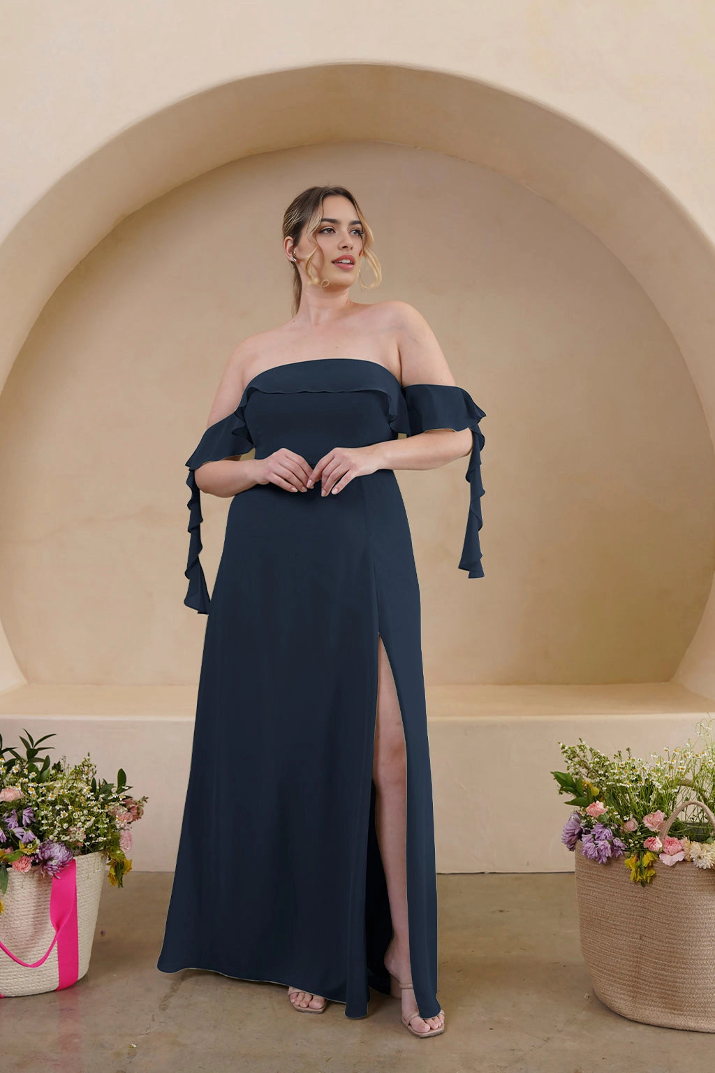Elegant A-Line Straight Neck Ruffle Sleeve Zipper Back Floor Length Bridesmaid Dress