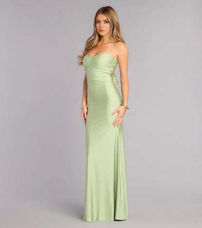 Burgundy Satin Mermaid Strapless Sweetheart Bow Tie Back Maxi Prom Dress