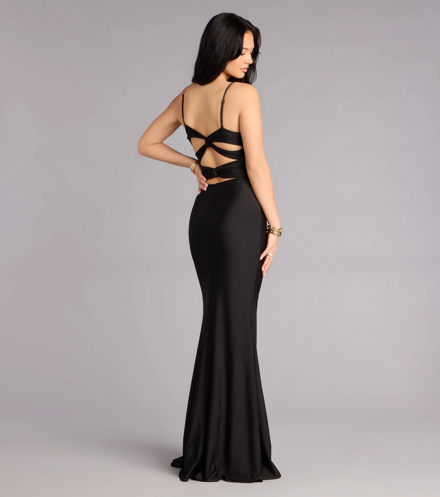 Burgundy Satin Mermaid Twist V-Neck Sleeveless Twist Cutout Back Maxi Prom Dress