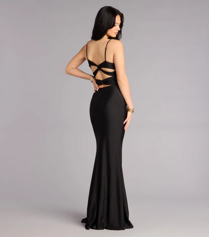 Burgundy Satin Mermaid Twist V-Neck Sleeveless Twist Cutout Back Maxi Prom Dress