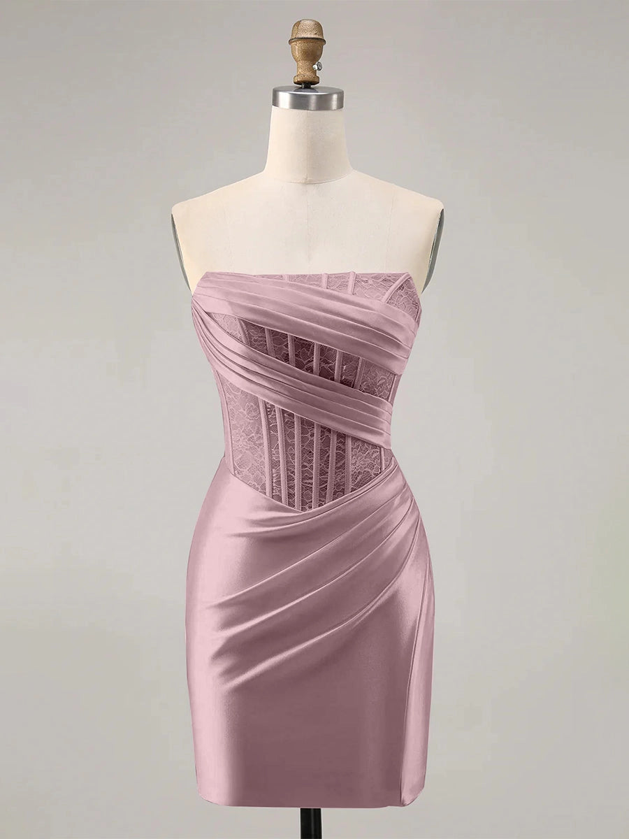 Roselle Dress dusty pink satin corset mini dress strapless wrap lace bodice homecoming gown front view