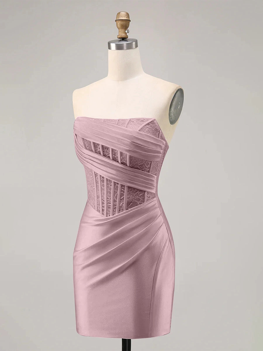 Dusty Pink Bodycon Strapless Tube Lace Up Back Mini Homecoming Dress